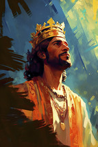 Colorful painting portrait art of the biblical King David. Christian illustration.