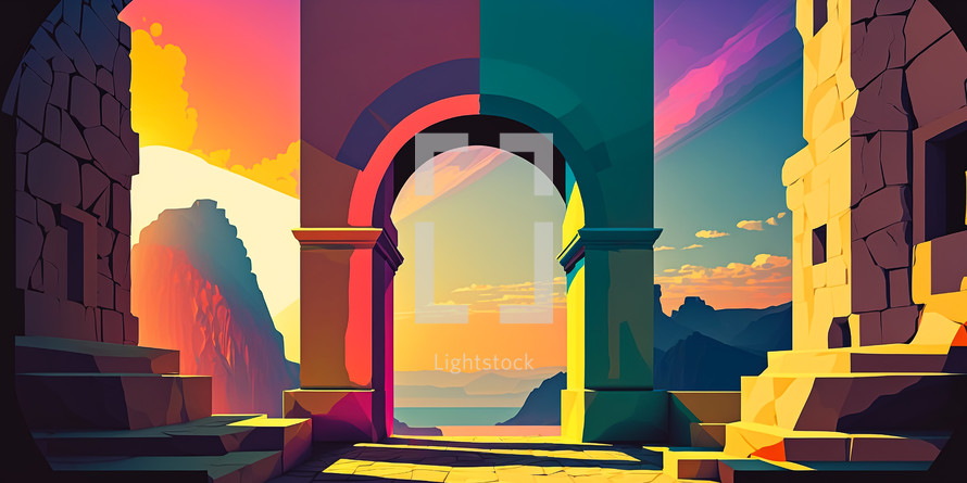 Abstract painting concept. Colorful art of a view over the mountains through a stone arch.