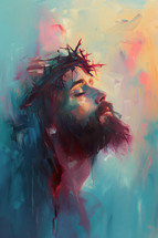 Impressionistic digital painting of Jesus with a crown of thorns, vibrant brushwork, emotional expression.