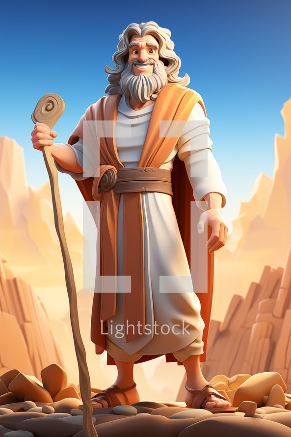 3D character of biblical Moses with a staff. Old testament concept.