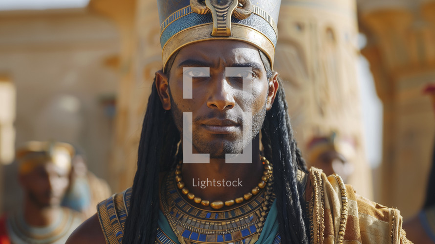 A digital portrait of Joseph from the Bible, with Egyptian headdress, against ancient backdrop.