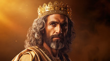 Portrait of the biblical King David with golden crown. Christian illustration.