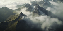 Panorama of snowy mountain peaks in cloud landscape. Travel or adventure concept. 