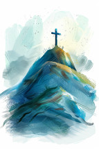 Expressive watercolor painting of a cross atop a hill, symbolizing faith and redemption.
