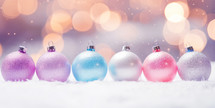 Christmas background with colorful baubles and glitter light bokeh.