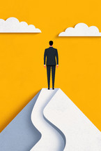 Businessman standing on a mountain peak, looking in a vibrant yellow sky, symbolizing leadership, vision, and success in the business world.