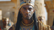 A digital portrait of Joseph from the Bible, with Egyptian headdress, against ancient backdrop.