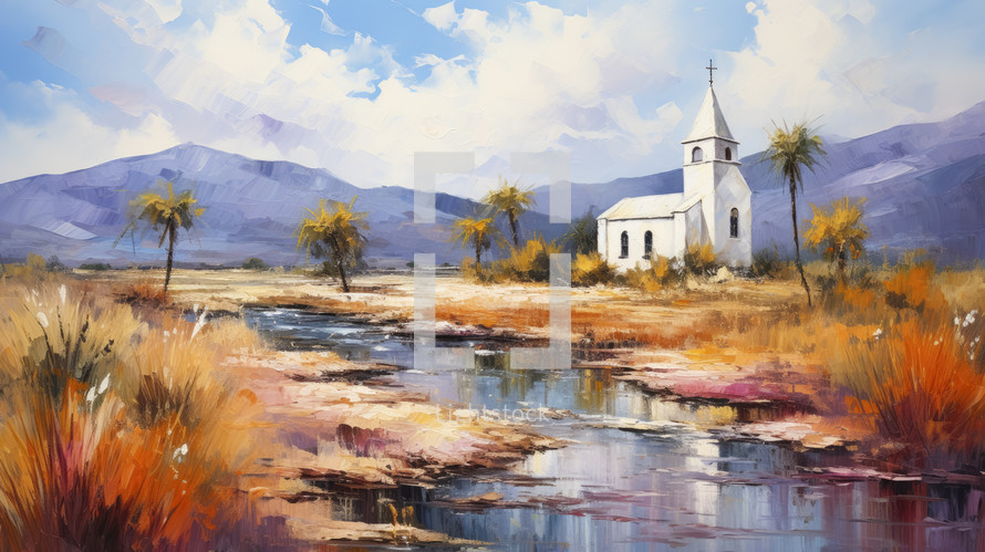 White church with meadow and lake. Church community. Mission of gospel.