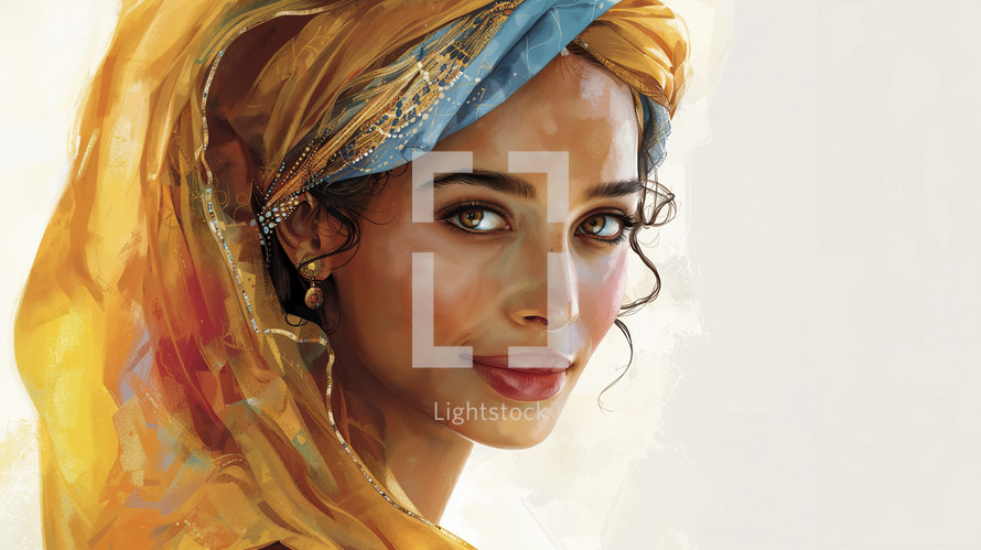 Radiant portrait of a young woman, reminiscent of the biblical Queen Esther, in regal attire.