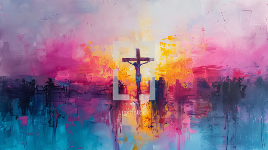 Abstract impressionist painting of Jesus on the cross with a colorful, reflective background.