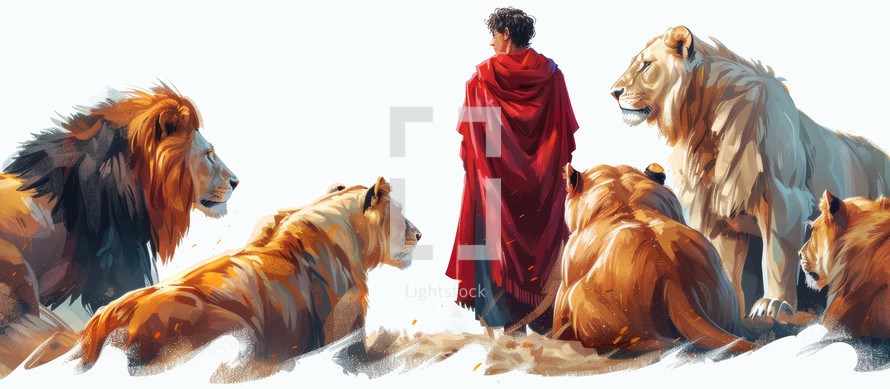 A serene portrayal of Daniel in the lions' den, symbolizing peace and divine faith amidst adversity.