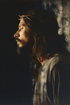 Portrait of Jesus wearing a crown of thorns. Christian illustration. 