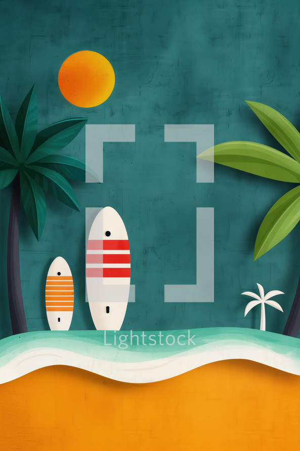 Illustrative poster of a summer scene featuring surfboards, palm trees, and a bright sun over a beach. Ideal for promoting summer events, surf competitions, and tropical-themed festivals.