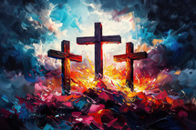 Dynamic impressionistic painting of the three crosses on the Mount of Golgotha, with vivid colors and energetic brushstrokes.