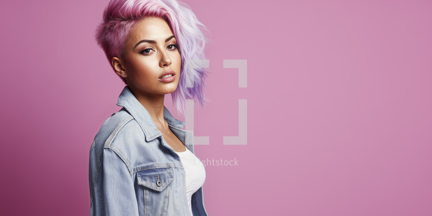 Stylish woman with pastel purple hair and denim jacket on a pink background.