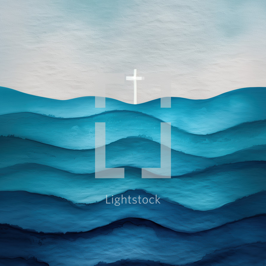 White cross in the distance set against layered blue waves, symbolizing faith, hope, and spiritual journey through life's challenges in a serene design.