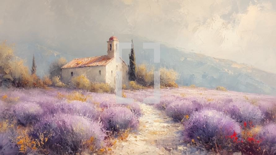 Romantic oil painting of a lavender field with a quaint chapel, set against a hazy mountain backdrop.