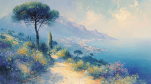 Impressionistic landscape of Southern French Provence, with a prominent pine tree overlooking a misty coastal vista and blooming wildflowers.