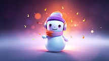 Dancing snowman with headphone. Merry Christmas banner.