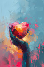 Abstract impressionistic artwork of hands tenderly holding a glowing heart, symbolizing divine love and care.