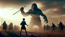 Biblical scene of youthful David confronting the towering giant Goliath. Old testament concept.