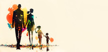 Abstract art. Colorful painting art of a happy family holding hands. Background illustration.