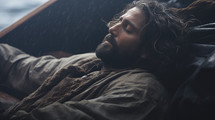 Portrait of Jesus Jesus sleeping in a fishing boat during the storm on the Sea of ​​Galilee. Christian illustration. 