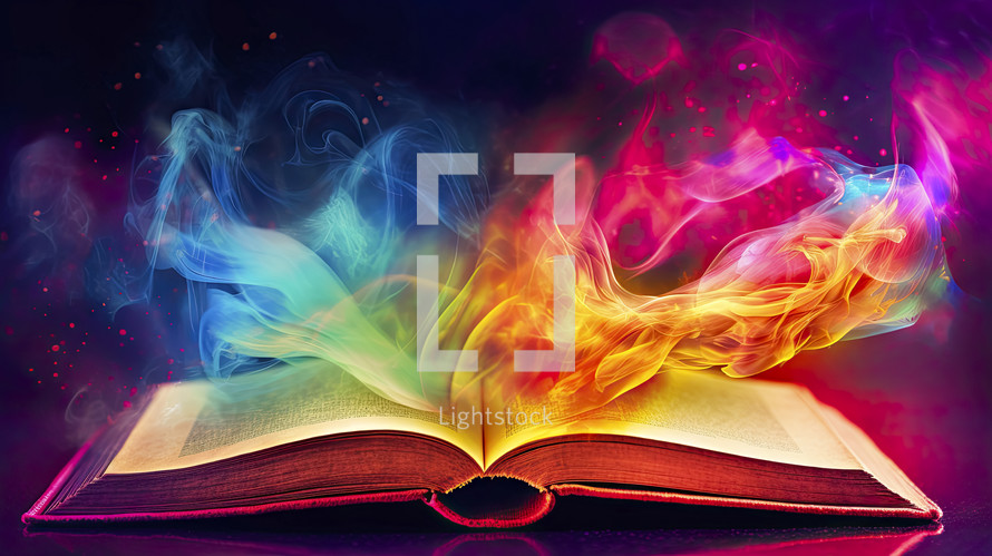 Colorful painting art of the open bible with mystic colorful light. Holy Spirit. Christian illustration.