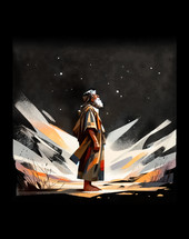 Colorful painting art portrait of Abraham standing outside on the steppes and looking up at the sky to count the stars. Genesis 22:17.