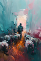 Expressive impressionistic painting depicting the Good Shepherd leading his flock, with a warm and emotive color palette (John 10).