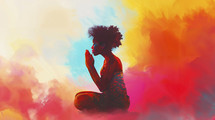 Silhouette of a young Afro-American woman kneeling in prayer, her figure set against a vivid backdrop of warm, radiant colors, symbolizing devotion and spirituality.