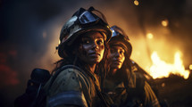 Portrait of two female firefighters with helmet in urban background.