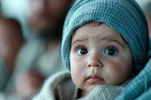 Close-up of a baby with expressive eyes, wrapped in a soft blanket and wearing a blue knitted hat, evoking a peaceful and tender mood.