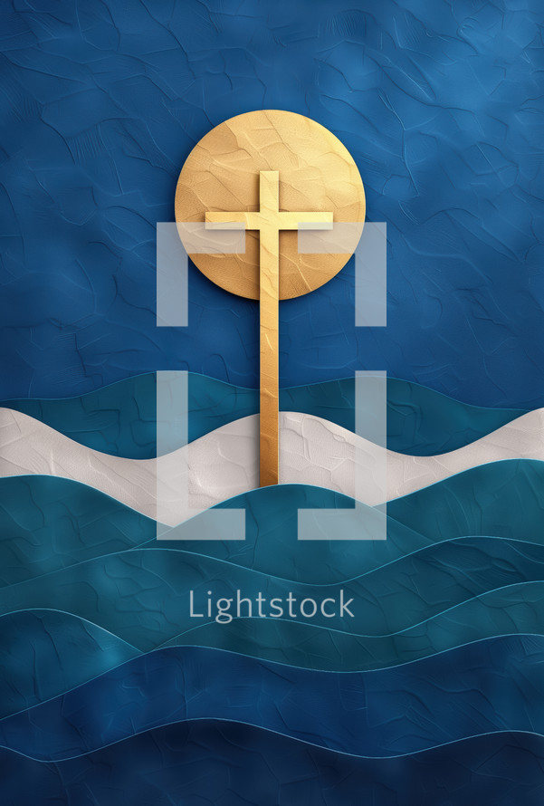 Golden cross against a textured blue background with layered waves, symbolizing Christian faith, spiritual journey, and divine guidance.