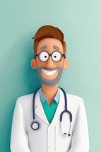 Illustration of a smiling male doctor with glasses, wearing a white coat and stethoscope, set against a light green background. Ideal for healthcare, medical advice, and promotional materials.