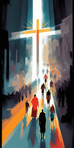 Colorful AI illustration of people walking towards the cross.