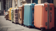 Colorful artistic travel suitcases in touristic city.