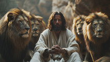 An evocative image of Daniel, tranquil among lions, evoking the biblical tale of faith and divine protection in the lion's den.
