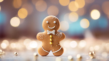 Christmas gingerbread little man with glitter light bokeh background.