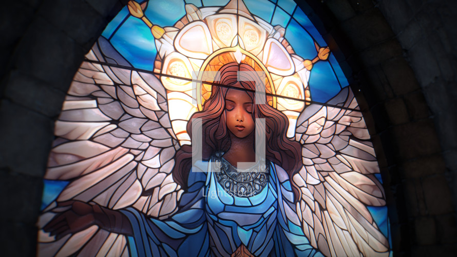 Close shot of a beautiful, dimly back-lit stained glass window of the Nativity Angel with snow just starting to fall. Stained glass was generated with AI and composited into a 3D CGI scene.