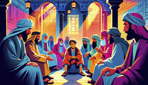 Illustration of young Jesus with Pharisees, Temple discussion, vibrant colors.