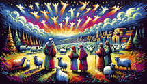 Illustration of vibrant Nativity scene with shepherds and celestial angels.