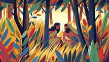 Illustration of Adam and Eve hiding in the Garden of Eden, vibrant foliage.