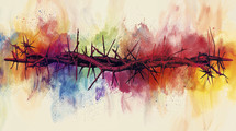 A vibrant artistic representation of a crown of thorns set against a backdrop of colorful, abstract watercolor splashes.