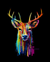Portrait art of colorful reindeer on black background. Merry Christmas.