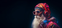 Portrait of modern Santa Claus with sunglasses and headphone.