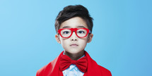 Young Asian boy dressed as a superhero with red cape and bow tie, wearing oversized glasses, against a bright blue background.
