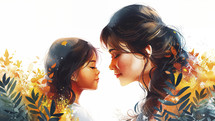 Heartwarming digital art of a mother and child with a vibrant floral backdrop, celebrating Mother's Day.