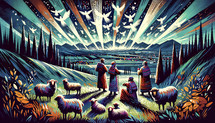 Multi colored illustration of Nativity shepherds and angelic hosts.