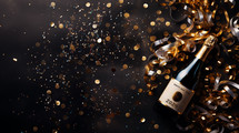 Flat lay composition of New Year celebration background with champagne bottle.